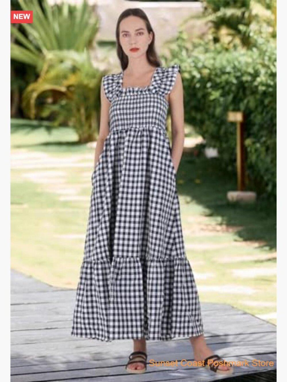 Retro Plaid Smocked Dress Spaghetti Strap Flounce Long Dress - Picture 2 of 7
